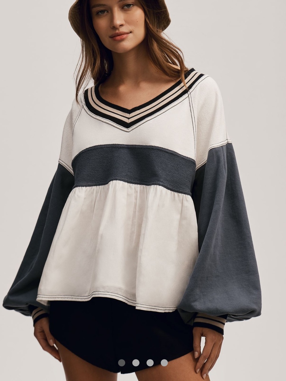 Pilcro Two-Tone V-Neck Peasant Sweatshirt in Ivory and Slate